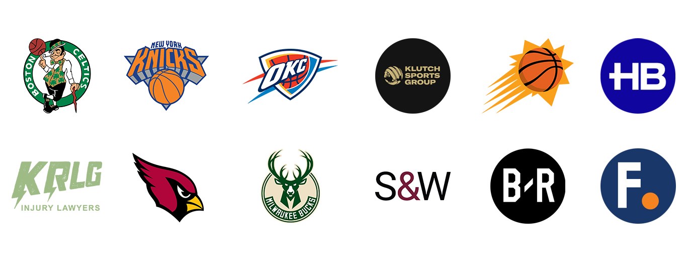 This image shows two rows of logos. From top left to bottom right: Boston Celtics, New York Knicks, OKC Thunder, Klutch Sports Group, Phoenix Suns, HB, KRLC Injury Lawyers, Arizona Cardinals, Milwaukee Bucks, Snell & Wilmer, Bleacher Report, Fennemore.