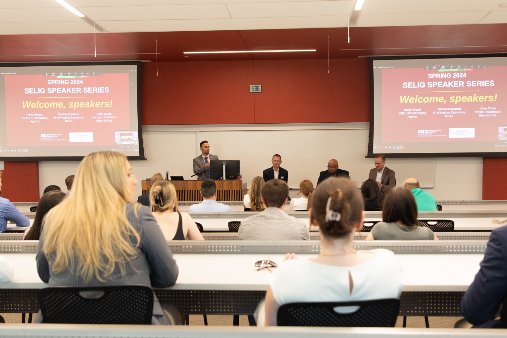 Attendees watch the Spring 2024 Selig Speaker Series