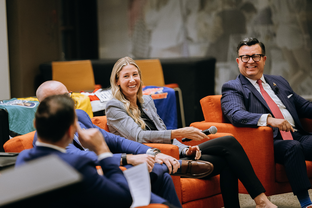 (Left to right) Aaron Hernandez, Greg Powers, Marina Carpenter and Xavier Gutierrez participate in the Fall 2023 Selig Speaker Series